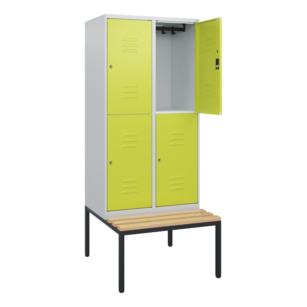 Illustration du produit: C+P Doppelstock-Spind Classic PLUS, 2 Abteile, HxBxT 1.950 x 800 x 815 mm, Zylinderschloss, untergebaute Bank aus Buche, lichtgrau, clowngrün