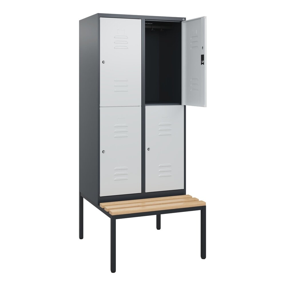 Illustration du produit: C+P Doppelstock-Spind Classic PLUS, 2 Abteile, HxBxT 1.950 x 800 x 815 mm, Zylinderschloss, untergebaute Bank aus Buche, anthrazitgrau, lichtgrau