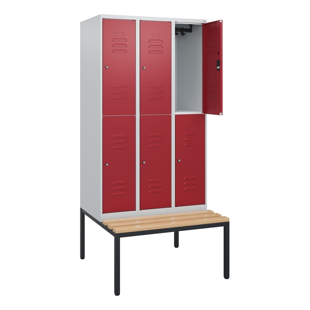 Produktabbildung: C+P Doppelstock-Spind Classic PLUS, 3 Abteile, HxBxT 1.950 x 900 x 815 mm, Zylinderschloss, untergebaute Bank aus Buche, lichtgrau, rubinrot