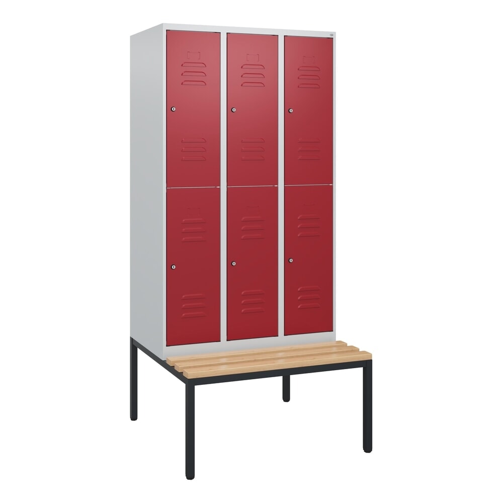 Produktabbildung Nr. 9: C+P Doppelstock-Spind Classic PLUS, 3 Abteile, HxBxT 1.950 x 900 x 815 mm, Zylinderschloss, untergebaute Bank aus Buche, lichtgrau, rubinrot