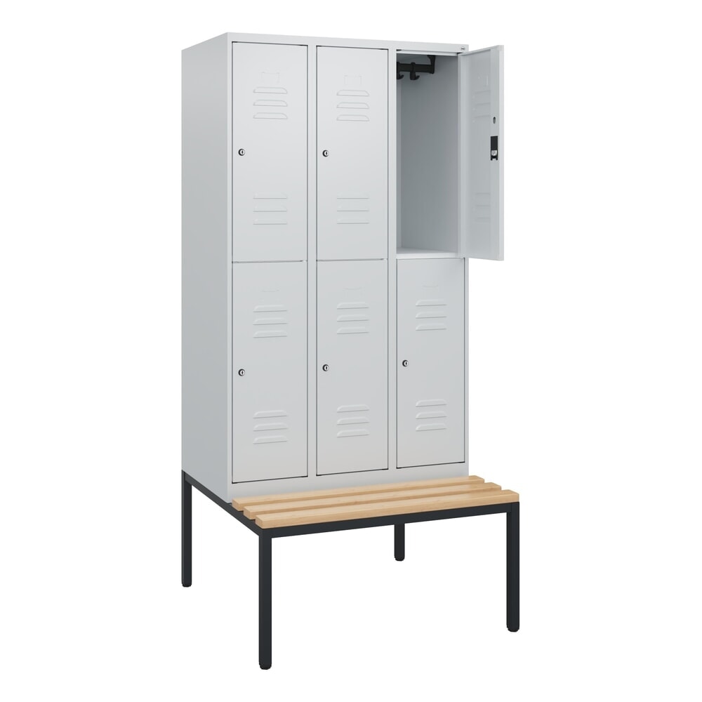 Illustration du produit: C+P Doppelstock-Spind Classic PLUS, 3 Abteile, HxBxT 1.950 x 900 x 815 mm, Zylinderschloss, untergebaute Bank aus Buche, lichtgrau, lichtgrau