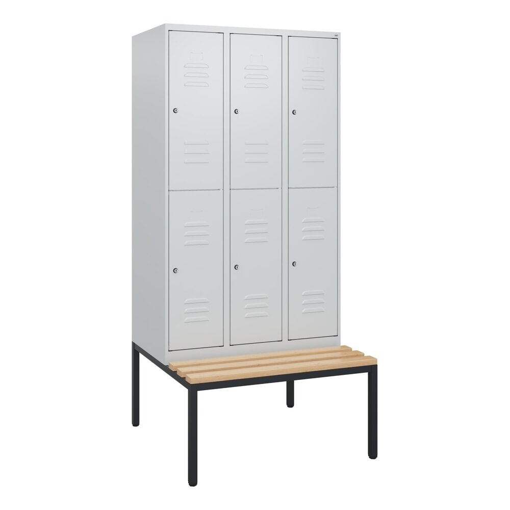 N° de l'image du produit 9 : C+P Doppelstock-Spind Classic PLUS, 3 Abteile, HxBxT 1.950 x 900 x 815 mm, Zylinderschloss, untergebaute Bank aus Buche, lichtgrau, lichtgrau