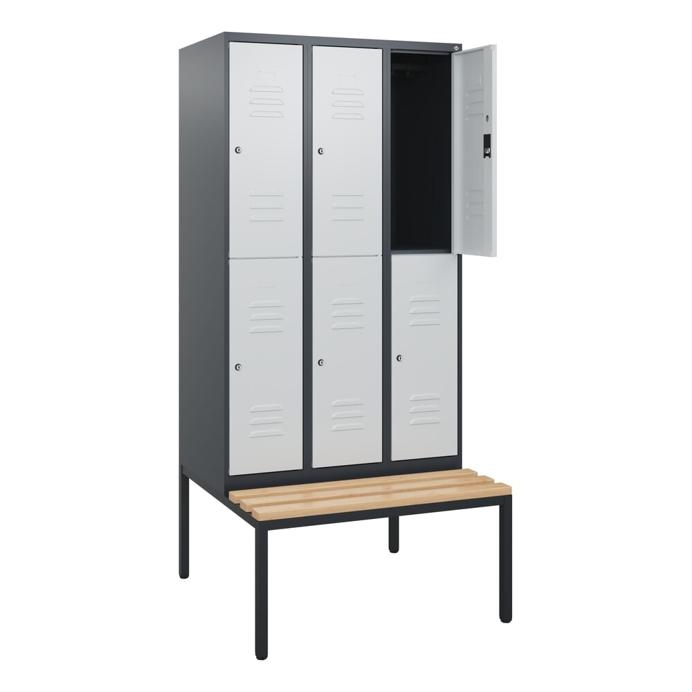 Illustration du produit: C+P Doppelstock-Spind Classic PLUS, 3 Abteile, HxBxT 1.950 x 900 x 815 mm, Zylinderschloss, untergebaute Bank aus Buche, anthrazitgrau, lichtgrau