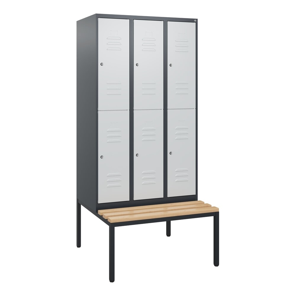 N° de l'image du produit 9 : C+P Doppelstock-Spind Classic PLUS, 3 Abteile, HxBxT 1.950 x 900 x 815 mm, Zylinderschloss, untergebaute Bank aus Buche, anthrazitgrau, lichtgrau