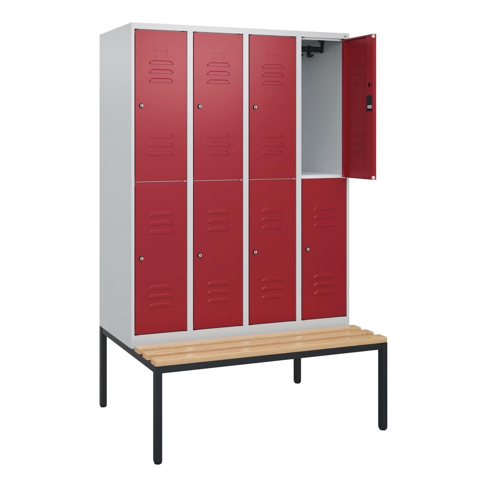 Produktabbildung: C+P Doppelstock-Spind Classic PLUS, 4 Abteile, HxBxT 1.950 x 1.200 x 815 mm, Zylinderschloss, untergebaute Bank aus Buche, lichtgrau, rubinrot