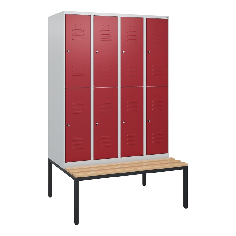 Produktabbildung Nr. 9: C+P Doppelstock-Spind Classic PLUS, 4 Abteile, HxBxT 1.950 x 1.200 x 815 mm, Zylinderschloss, untergebaute Bank aus Buche, lichtgrau, rubinrot