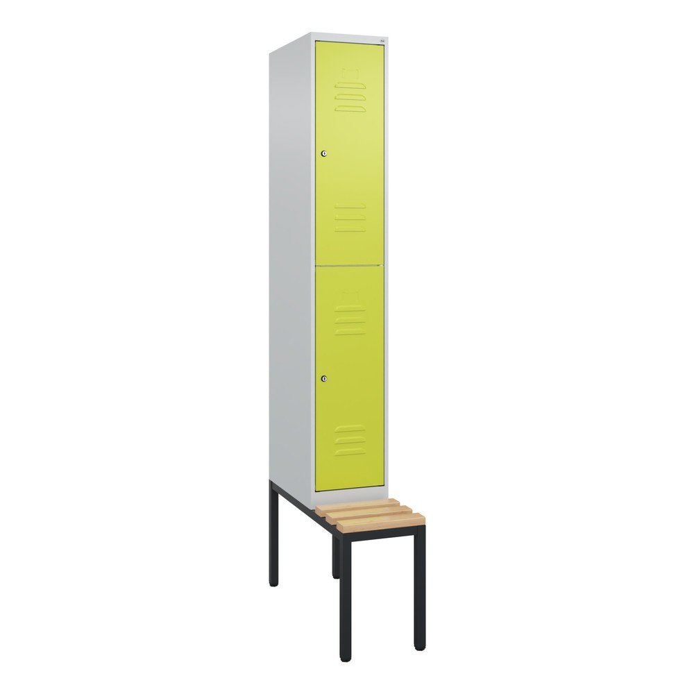Produktabbildung: C+P Doppelstock-Spind Classic PLUS, 1 Abteil, HxBxT 2.120 x 300 x 815 mm, Zylinderschloss, untergebaute Bank aus Buche, lichtgrau, clowngrün