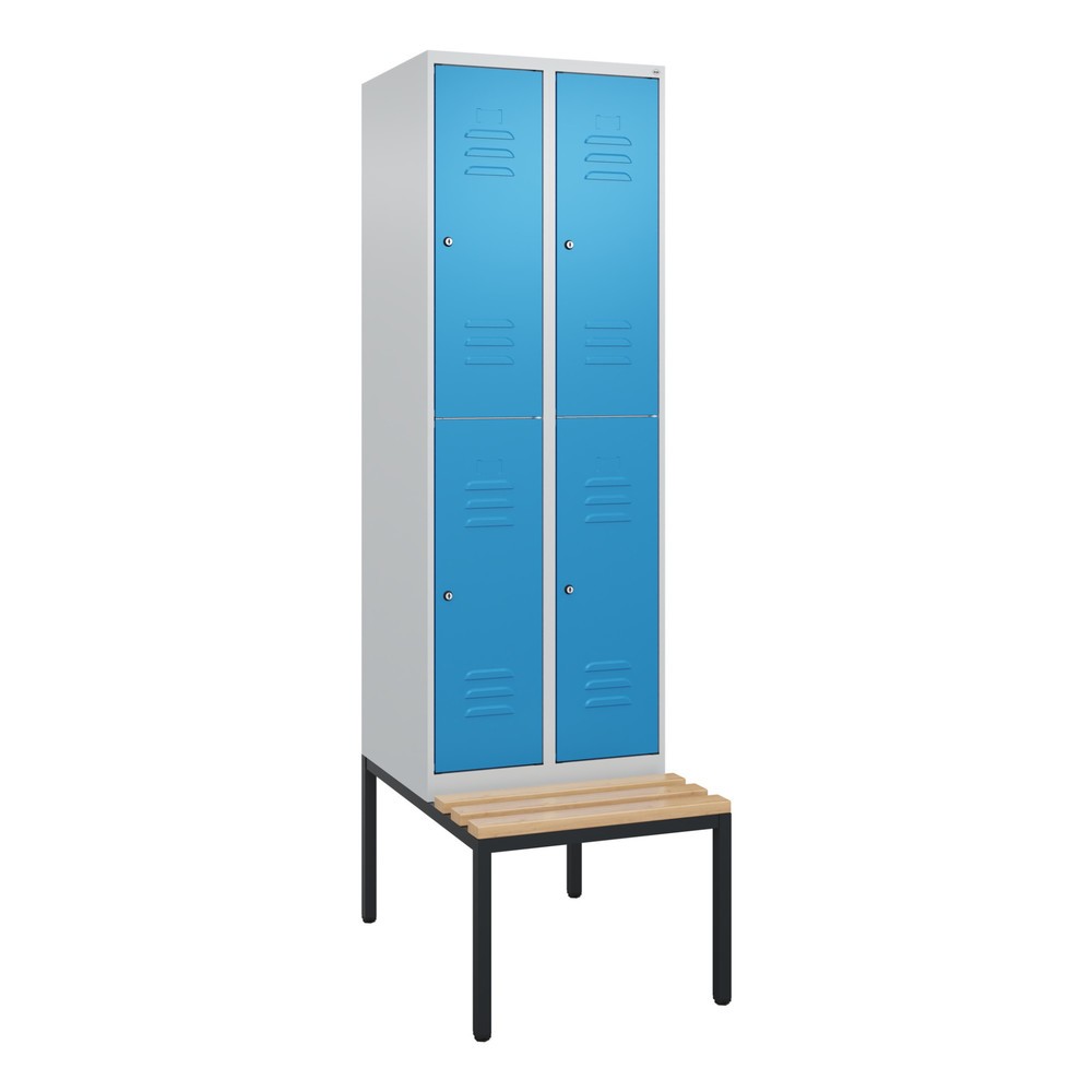 Produktabbildung: C+P Doppelstock-Spind Classic PLUS, 2 Abteile, HxBxT 2.120 x 600 x 815 mm, Zylinderschloss, untergebaute Bank aus Buche, lichtgrau, lichtblau