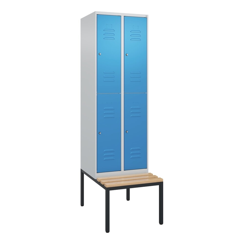N° de l'image du produit 9 : C+P Doppelstock-Spind Classic PLUS, 2 Abteile, HxBxT 2.120 x 600 x 815 mm, Zylinderschloss, untergebaute Bank aus Buche, lichtgrau, lichtblau