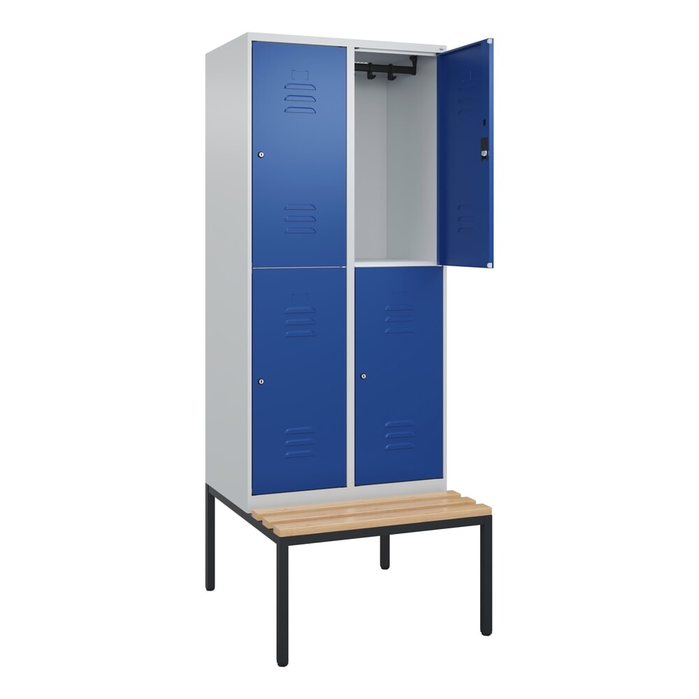 Illustration du produit: C+P Doppelstock-Spind Classic PLUS, 2 Abteile, HxBxT 2.120 x 800 x 815 mm, Zylinderschloss, untergebaute Bank aus Buche, lichtgrau, enzianblau
