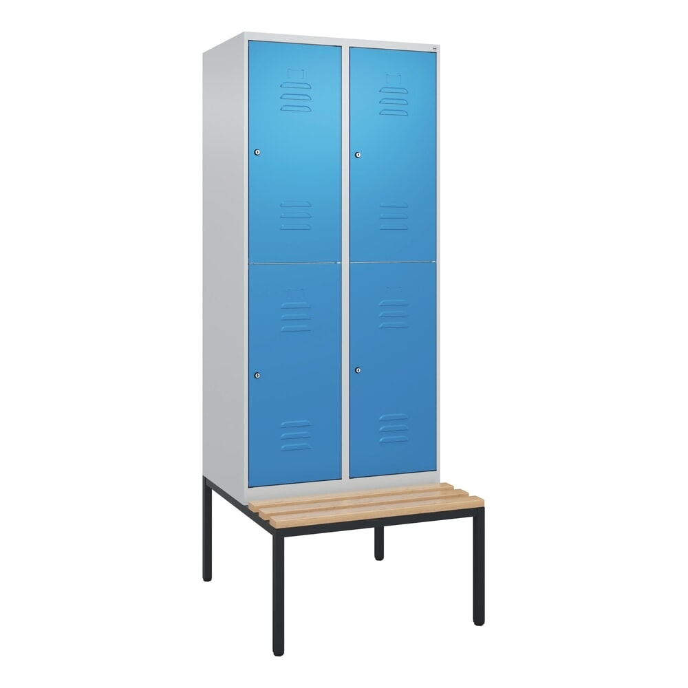 N° de l'image du produit 9 : C+P Doppelstock-Spind Classic PLUS, 2 Abteile, HxBxT 2.120 x 800 x 815 mm, Zylinderschloss, untergebaute Bank aus Buche, lichtgrau, lichtblau