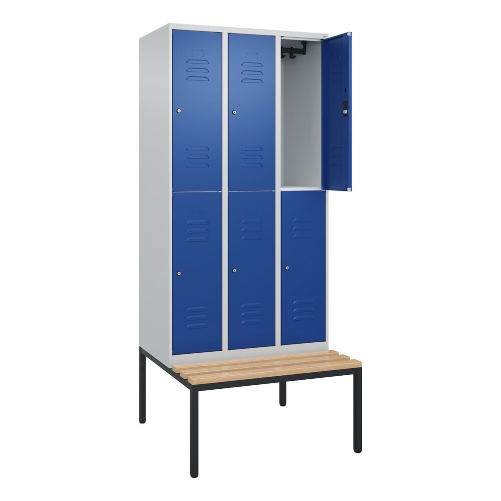 Illustration du produit: C+P Doppelstock-Spind Classic PLUS, 3 Abteile, HxBxT 2.120 x 900 x 815 mm, Zylinderschloss, untergebaute Bank aus Buche, lichtgrau, enzianblau