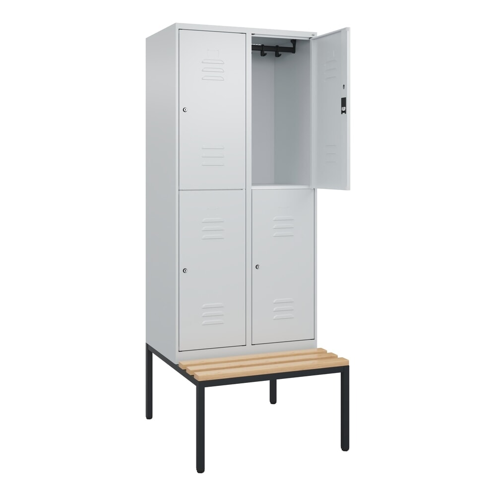 Illustration du produit: C+P Doppelstock-Spind Classic PLUS, 2 Abteile, HxBxT 2.120 x 800 x 815 mm, Zylinderschloss, untergebaute Bank aus Buche, lichtgrau, lichtgrau