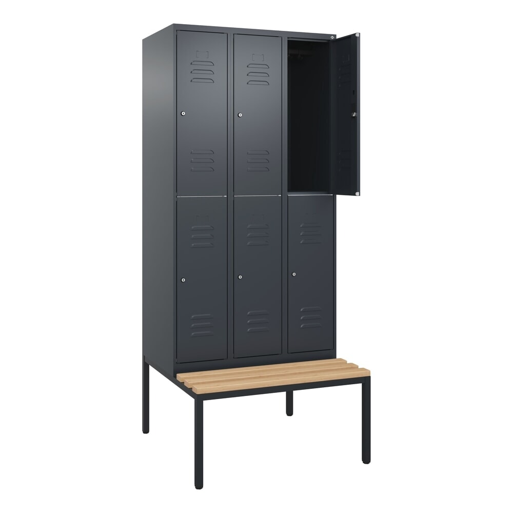Illustration du produit: C+P Doppelstock-Spind Classic PLUS, 3 Abteile, HxBxT 2.120 x 900 x 815 mm, Zylinderschloss, untergebaute Bank aus Buche, anthrazitgrau, anthrazitgrau