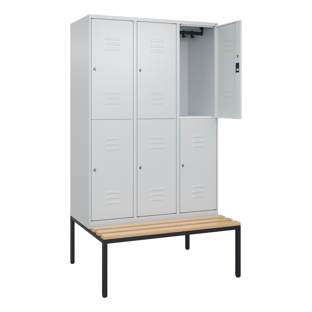 Illustration du produit: C+P Doppelstock-Spind Classic PLUS, 3 Abteile, HxBxT 2.120 x 1.200 x 815 mm, Zylinderschloss, untergebaute Bank aus Buche, lichtgrau, lichtgrau