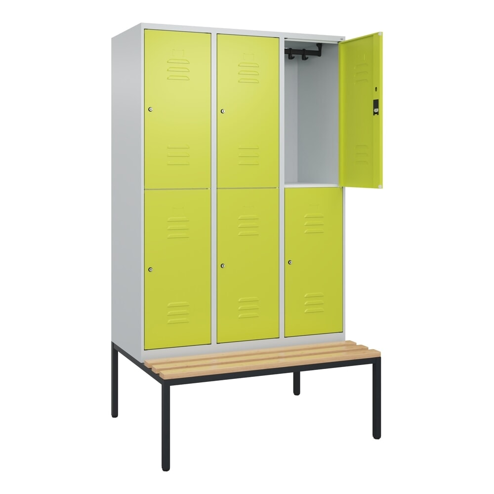 Produktabbildung: C+P Doppelstock-Spind Classic PLUS, 3 Abteile, HxBxT 2.120 x 1.200 x 815 mm, Zylinderschloss, untergebaute Bank aus Buche, lichtgrau, clowngrün