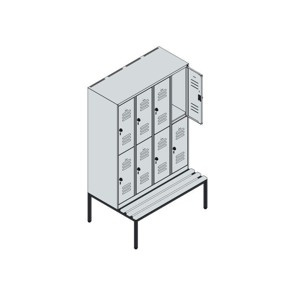 N° de l'image du produit 8 : C+P Doppelstock-Spind Classic PLUS, 4 Abteile, HxBxT 1.950 x 1.200 x 815 mm, Zylinderschloss, untergebaute Bank aus Kunststoff, lichtgrau, enzianblau