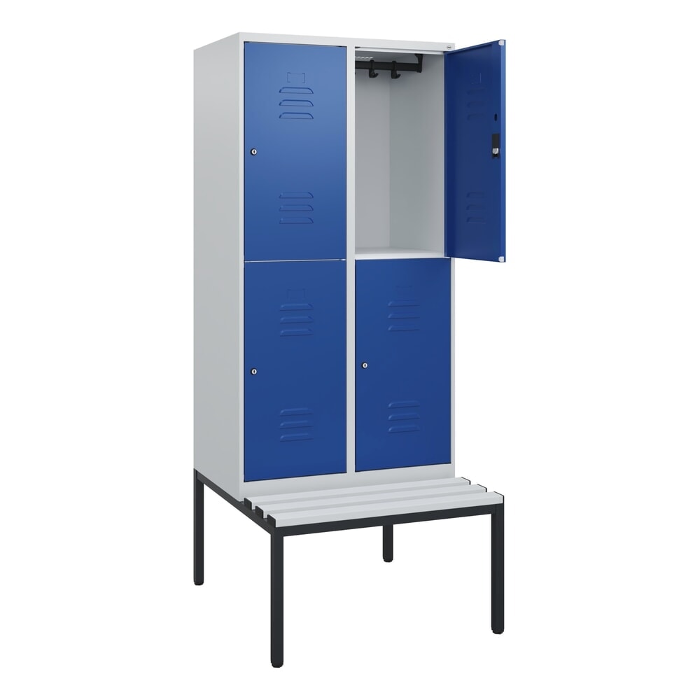 Illustration du produit: C+P Doppelstock-Spind Classic PLUS, 2 Abteile, HxBxT 1.950 x 800 x 815 mm, Zylinderschloss, untergebaute Bank aus Kunststoff, lichtgrau, enzianblau