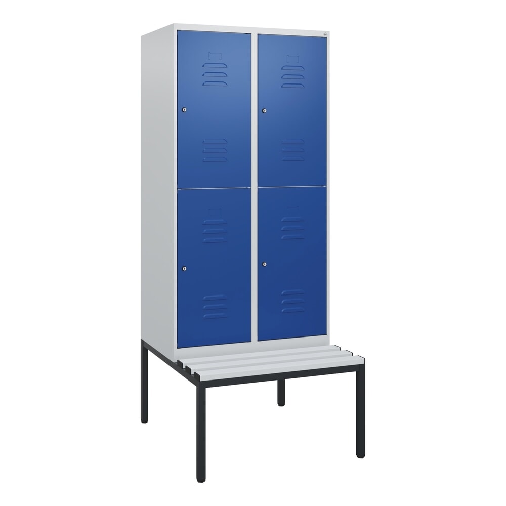 N° de l'image du produit 9 : C+P Doppelstock-Spind Classic PLUS, 2 Abteile, HxBxT 1.950 x 800 x 815 mm, Zylinderschloss, untergebaute Bank aus Kunststoff, lichtgrau, enzianblau