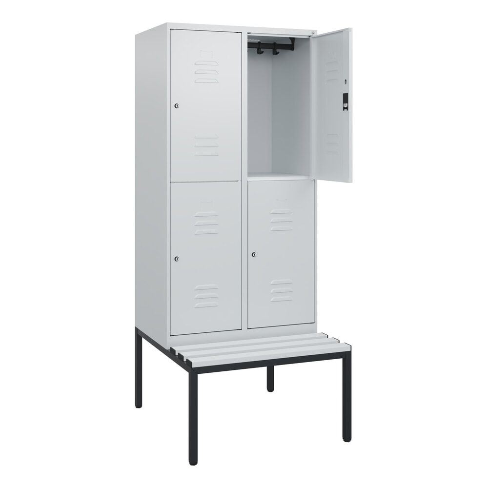 Illustration du produit: C+P Doppelstock-Spind Classic PLUS, 2 Abteile, HxBxT 1.950 x 800 x 815 mm, Zylinderschloss, untergebaute Bank aus Kunststoff, lichtgrau, lichtgrau