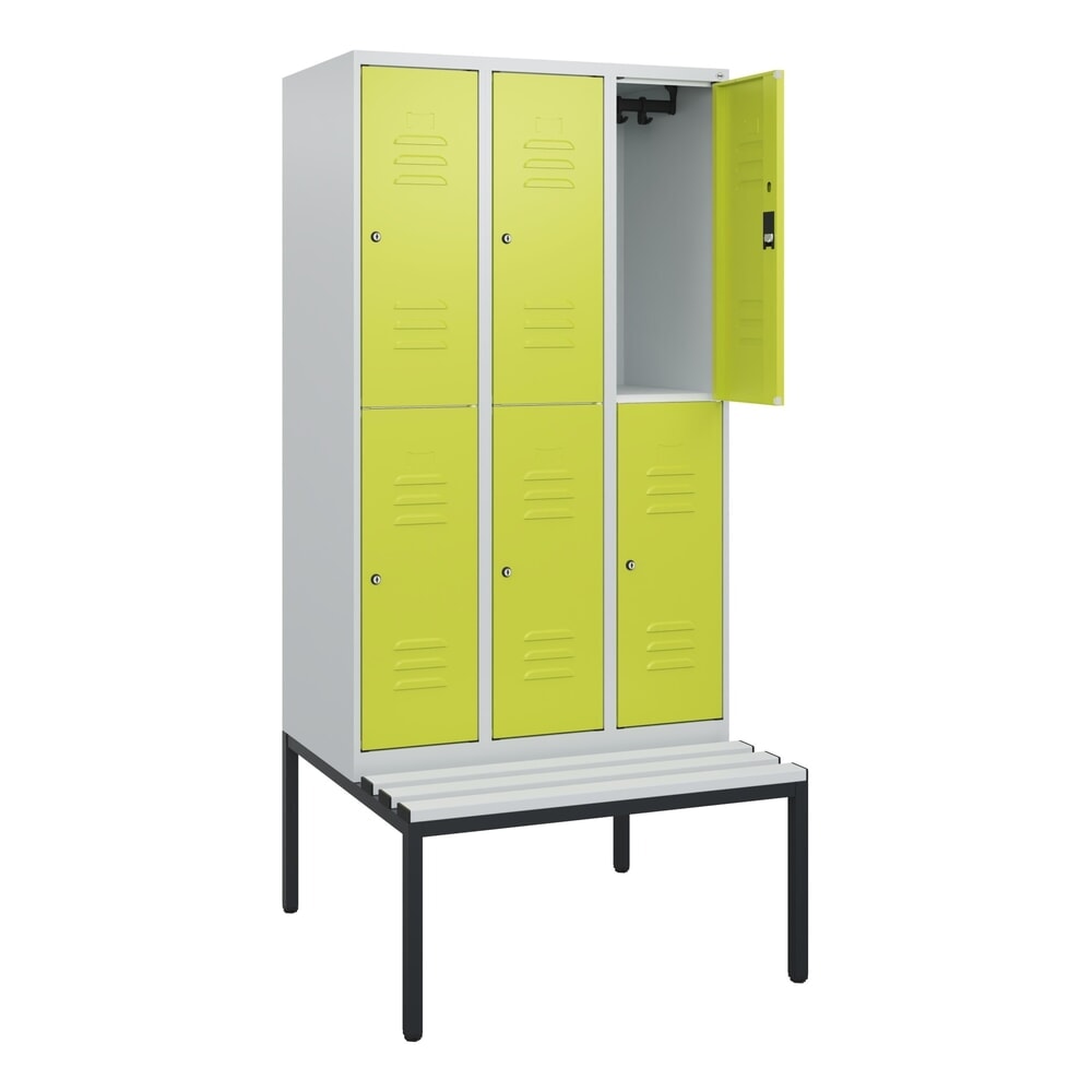 N° de l'image du produit 1 : C+P Doppelstock-Spind Classic PLUS, 3 Abteile, HxBxT 1.950 x 900 x 815 mm, Zylinderschloss, untergebaute Bank aus Kunststoff, lichtgrau, clowngrün