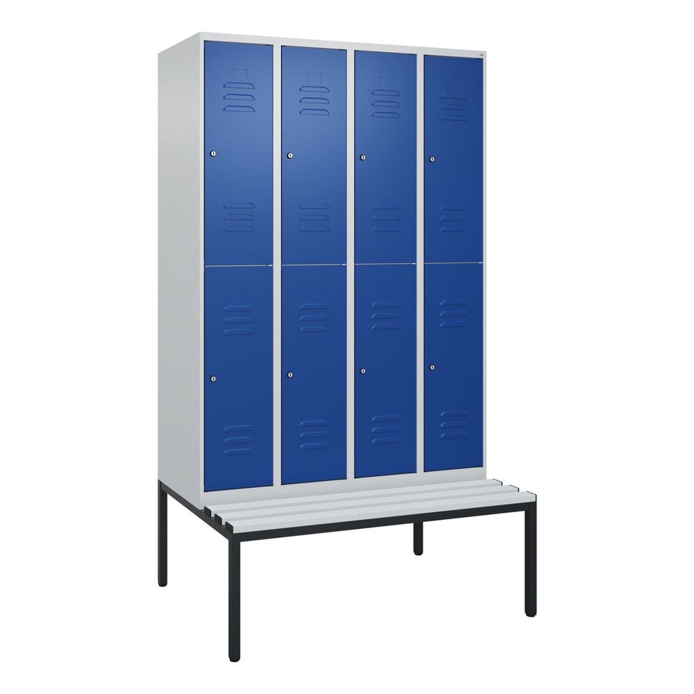 Illustration du produit: C+P Doppelstock-Spind Classic PLUS, 4 Abteile, HxBxT 2.120 x 1.200 x 815 mm, Zylinderschloss, untergebaute Bank aus Kunststoff, lichtgrau, enzianblau