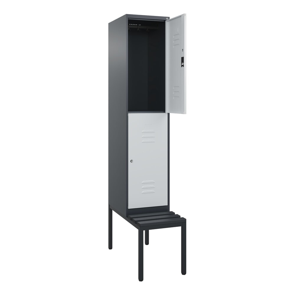 Produktabbildung: C+P Doppelstock-Spind Classic PLUS, 1 Abteil, HxBxT 2.120 x 400 x 815 mm, Zylinderschloss, untergebaute Bank aus Kunststoff, anthrazitgrau, lichtgrau