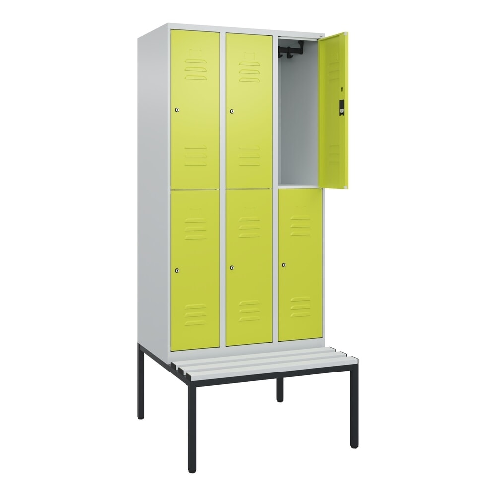 Produktabbildung: C+P Doppelstock-Spind Classic PLUS, 3 Abteile, HxBxT 2.120 x 900 x 815 mm, Zylinderschloss, untergebaute Bank aus Kunststoff, lichtgrau, clowngrün