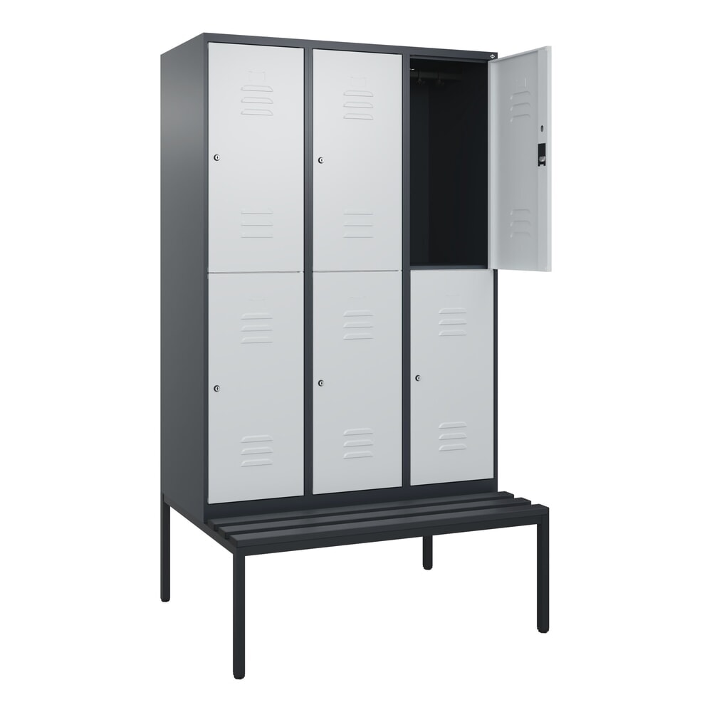 Illustration du produit: C+P Doppelstock-Spind Classic PLUS, 3 Abteile, HxBxT 2.120 x 1.200 x 815 mm, Zylinderschloss, untergebaute Bank aus Kunststoff, anthrazitgrau, lichtgrau