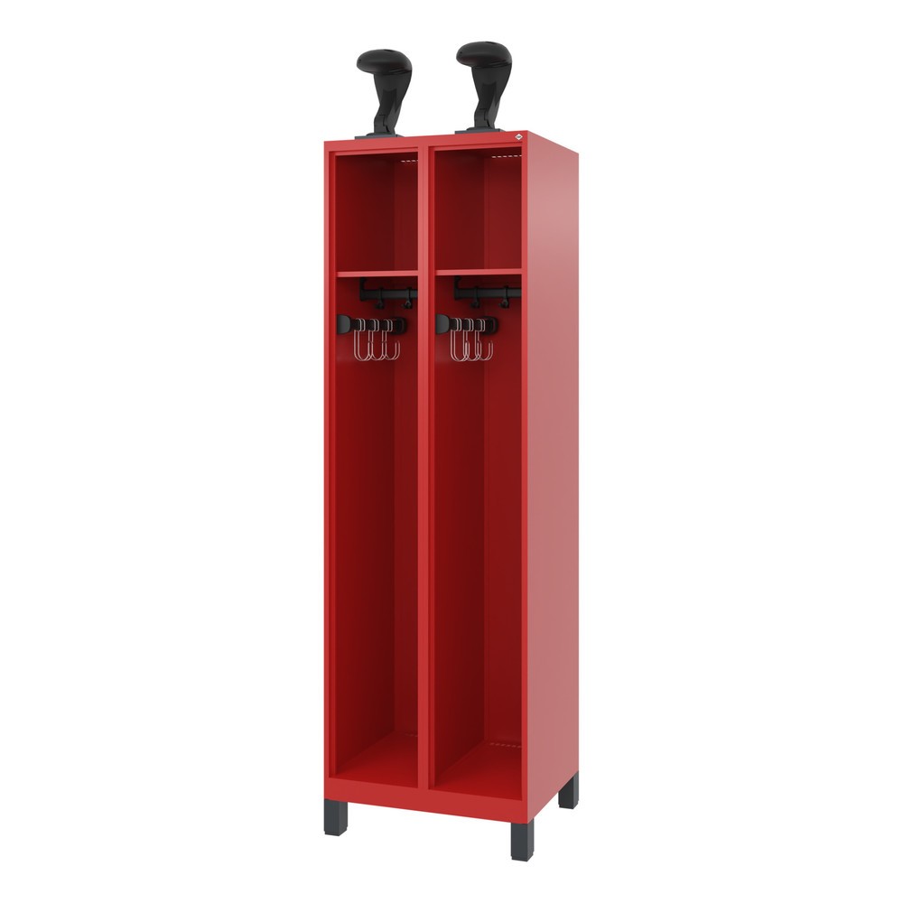 Produktabbildung: C+P Feuerwehrspind EXPERT, Füsse, 2 Abteile, HxBxT 1.850 x 600 x 500 mm, feuerrot, mit Helmhalter