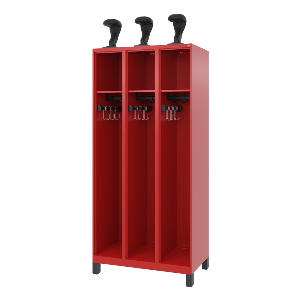 Produktabbildung: C+P Feuerwehrspind EXPERT, Füsse, 3 Abteile, HxBxT 1.850 x 900 x 500 mm, feuerrot, mit Helmhalter