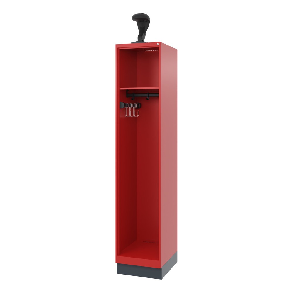 Produktabbildung: C+P Feuerwehrspind EXPERT, Sockel, 1 Abteil, HxBxT 1.850 x 400 x 500 mm, feuerrot, mit Helmhalter