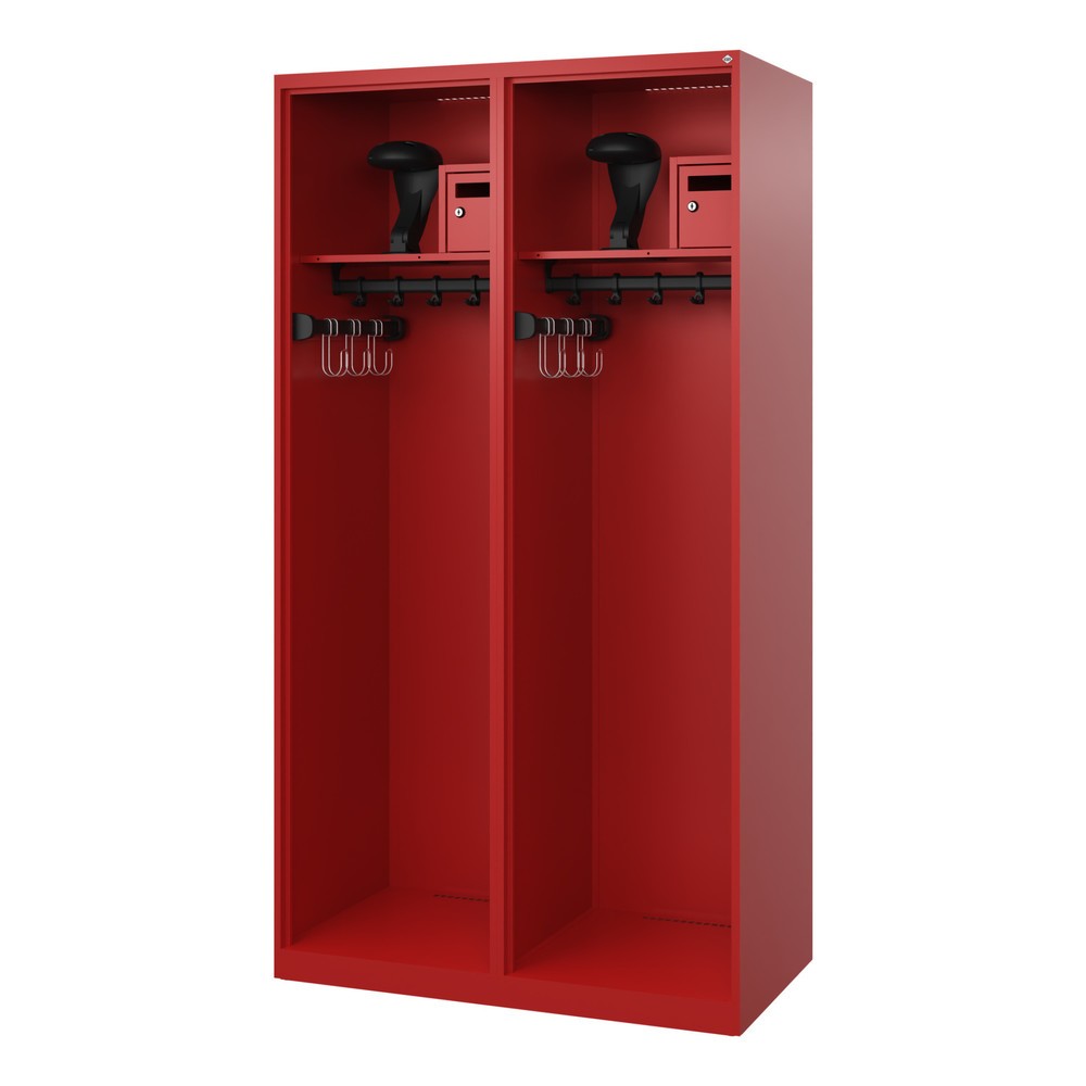Produktabbildung: C+P Feuerwehrspind FLEXO, Bodengleiter, 2 Abteile, HxBxT 1.850 x 1.000 x 500 mm, feuerrot, mit Helmhalter