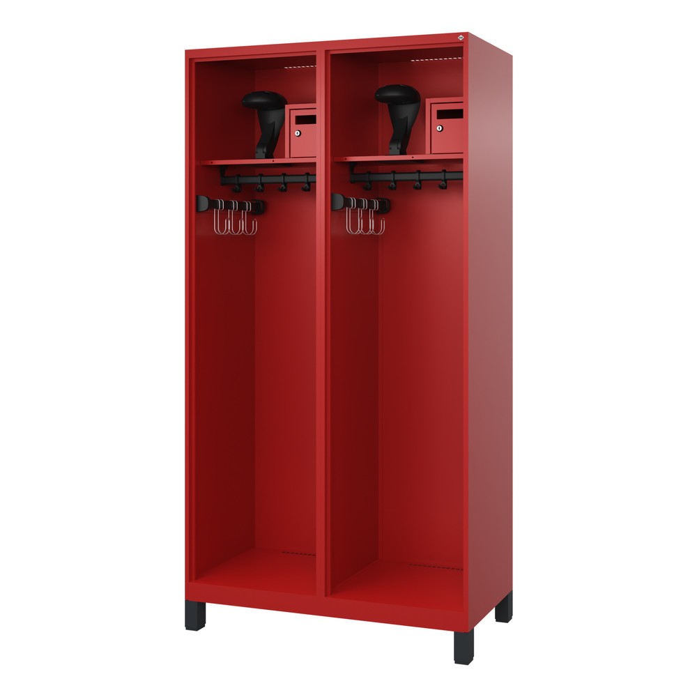 Produktabbildung: C+P Feuerwehrspind FLEXO, Füsse, 2 Abteile, HxBxT 1.850 x 1.000 x 500 mm, feuerrot, mit Helmhalter