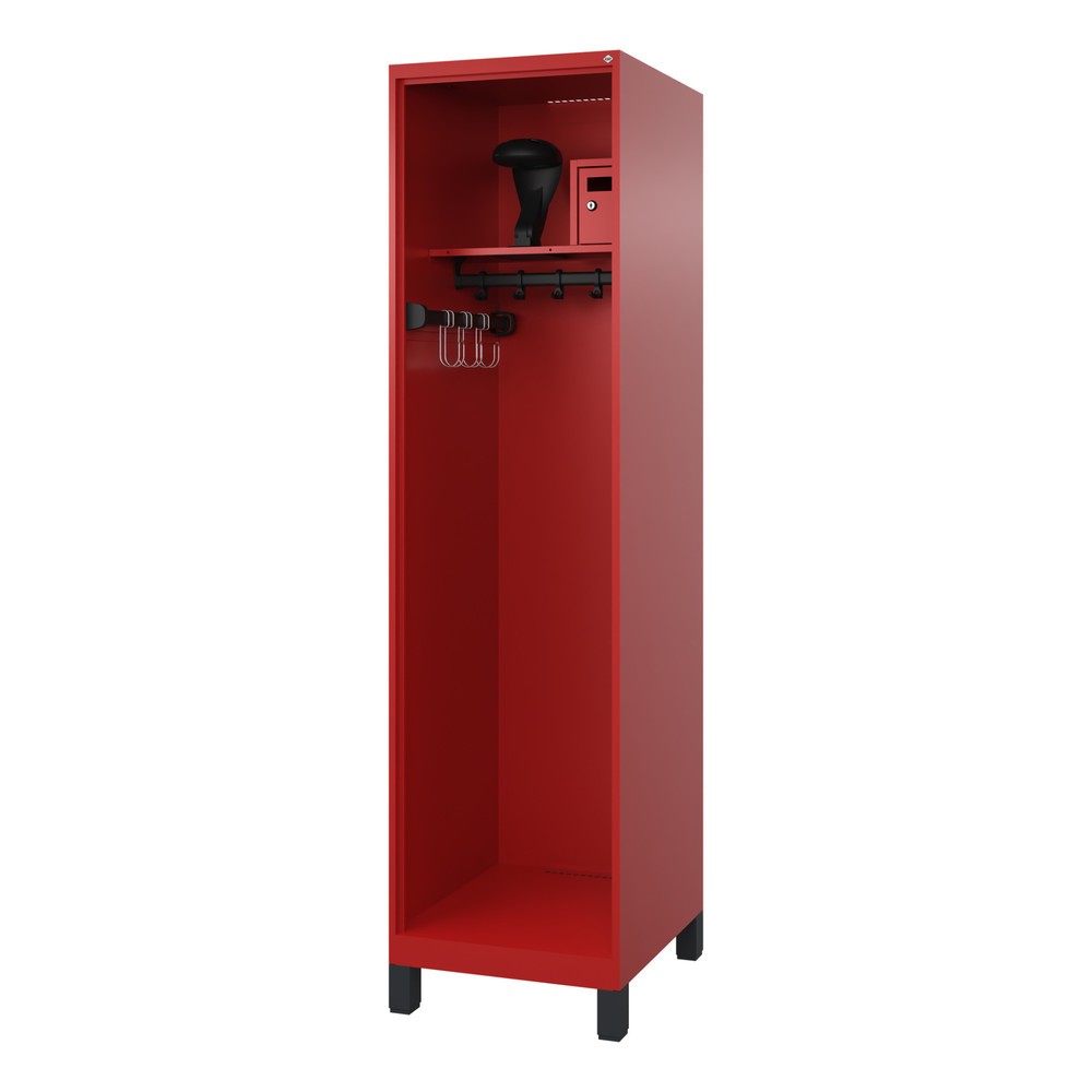 Produktabbildung: C+P Feuerwehrspind FLEXO, Füsse, 1 Abteil, HxBxT 1.850 x 500 x 600 mm, feuerrot, mit Helmhalter