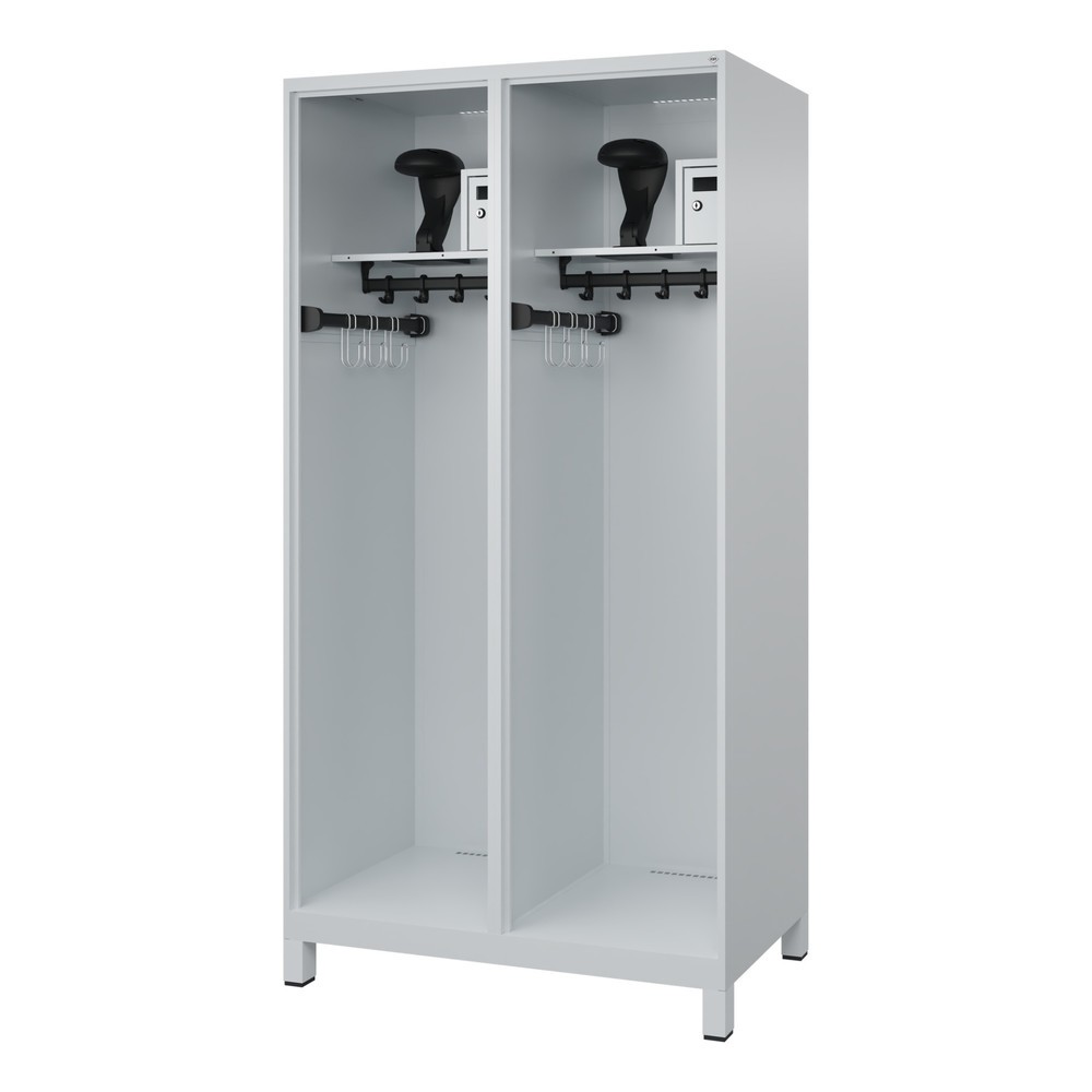 Produktabbildung: C+P Feuerwehrspind FLEXO, Füsse, 2 Abteile, HxBxT 1.850 x 1.000 x 600 mm, lichtgrau, mit Helmhalter