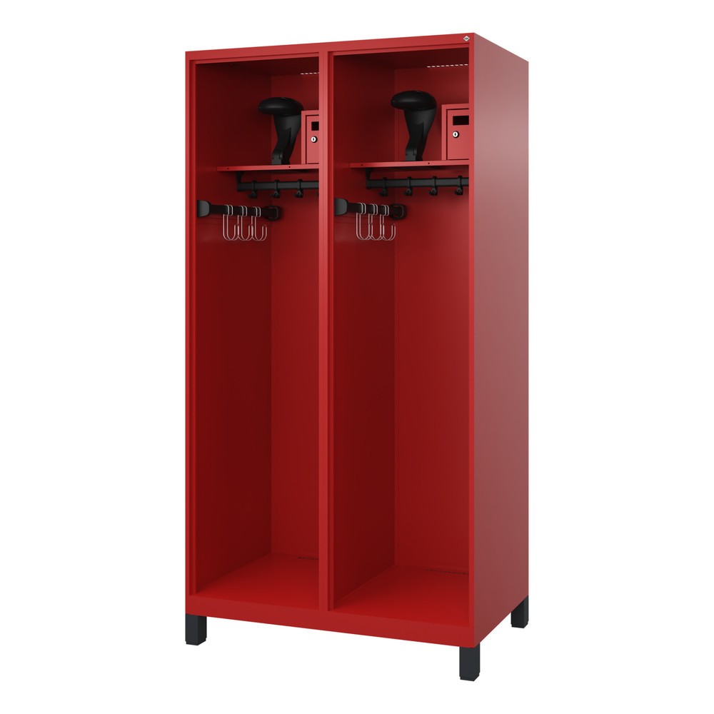Produktabbildung: C+P Feuerwehrspind FLEXO, Füsse, 2 Abteile, HxBxT 1.850 x 1.000 x 600 mm, feuerrot, mit Helmhalter