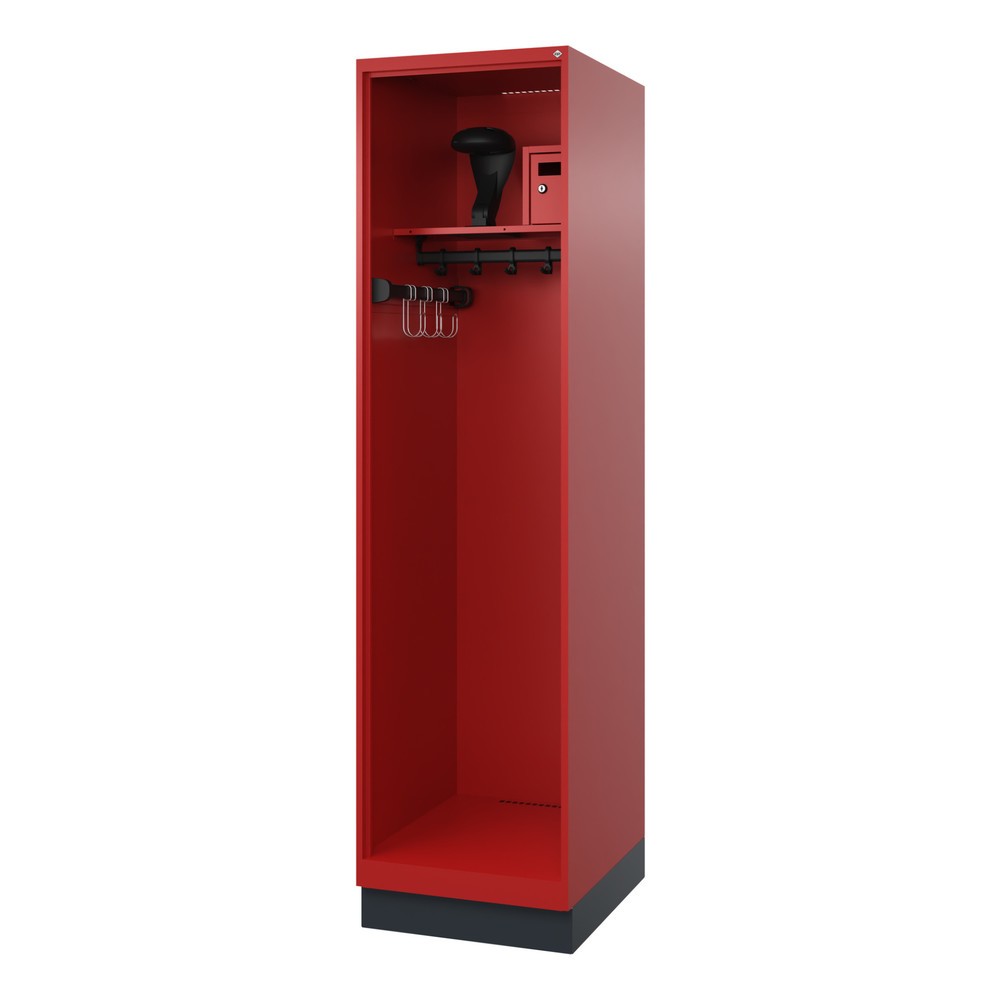 Produktabbildung: C+P Feuerwehrspind FLEXO, Sockel, 1 Abteil, HxBxT 1.850 x 500 x 600 mm, feuerrot, mit Helmhalter
