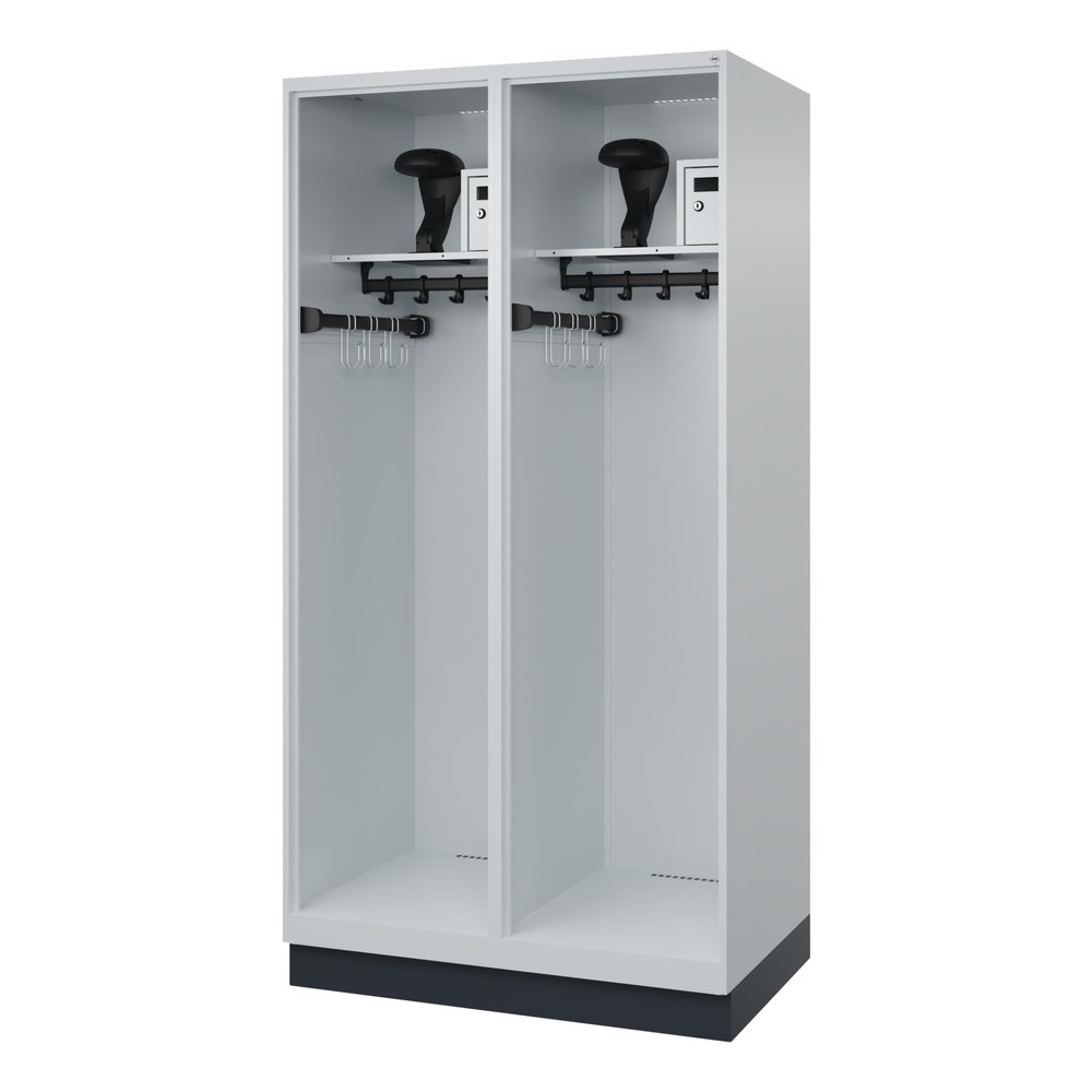 Produktabbildung: C+P Feuerwehrspind FLEXO, Sockel, 2 Abteile, HxBxT 1.850 x 1.000 x 600 mm, lichtgrau, mit Helmhalter