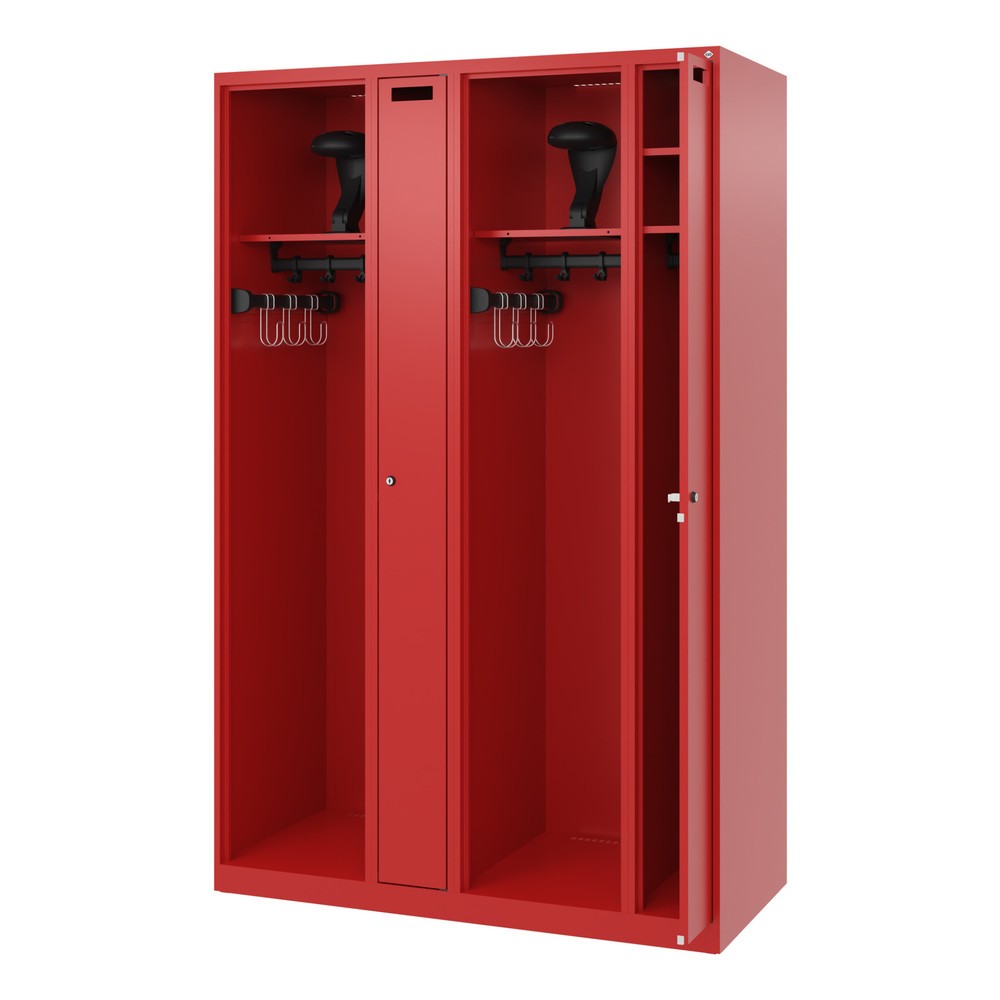 Produktabbildung: C+P Feuerwehrspind KOMBI, Bodengleiter, 2 Abteile, HxBxT 1.850 x 1.200 x 500 mm, feuerrot, mit Helmhalter