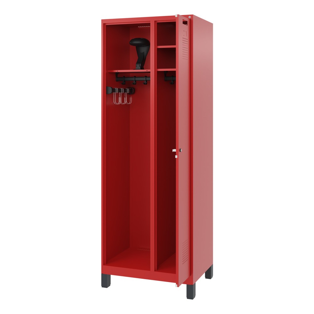 Produktabbildung: C+P Feuerwehrspind KOMBI, Füsse, 1 Abteil, HxBxT 1.850 x 700 x 500 mm, feuerrot, mit Helmhalter