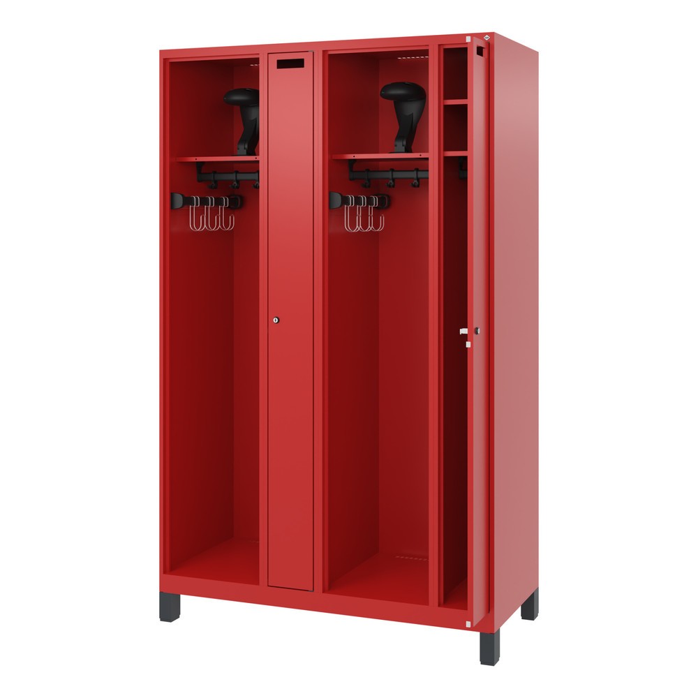 Produktabbildung: C+P Feuerwehrspind KOMBI, Füsse, 2 Abteile, HxBxT 1.850 x 1.200 x 500 mm, feuerrot, mit Helmhalter