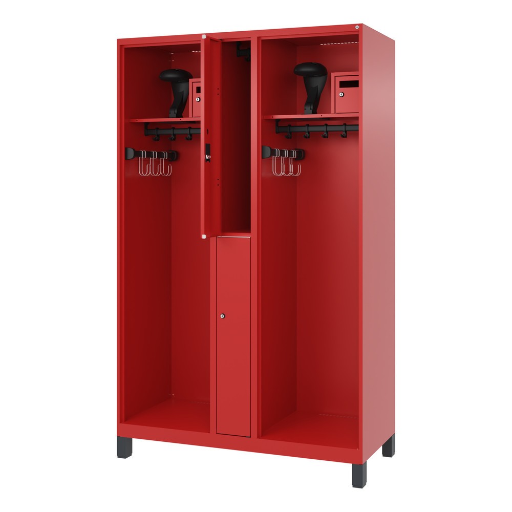 Produktabbildung: C+P Feuerwehrspind MAXI, Füsse, HxBxT 1.850 x 1.200 x 500 mm, feuerrot, mit Helmhalter