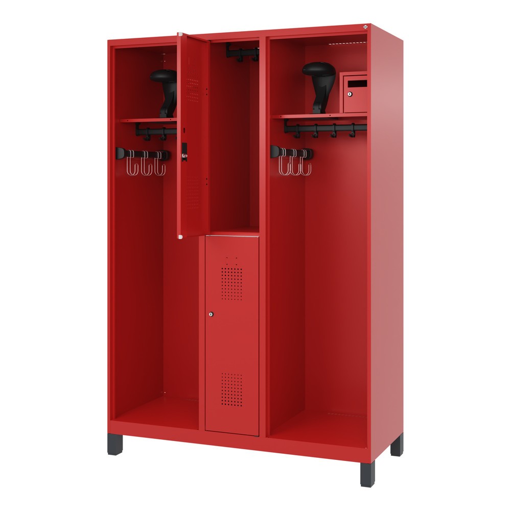 Produktabbildung: C+P Feuerwehrspind MAXI, Füsse, HxBxT 1.850 x 1.300 x 500 mm, feuerrot, mit Helmhalter