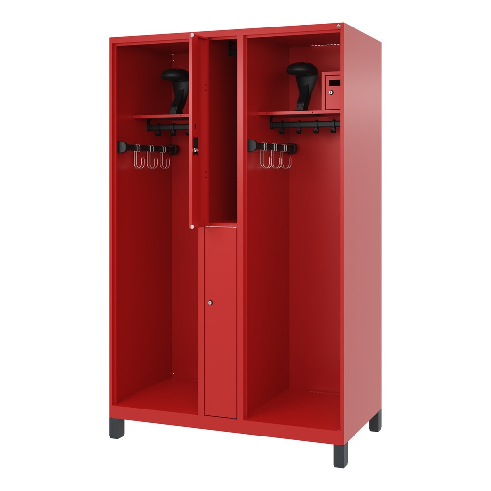 Produktabbildung: C+P Feuerwehrspind MAXI, Füsse, HxBxT 1.850 x 1.200 x 600 mm, feuerrot, mit Helmhalter