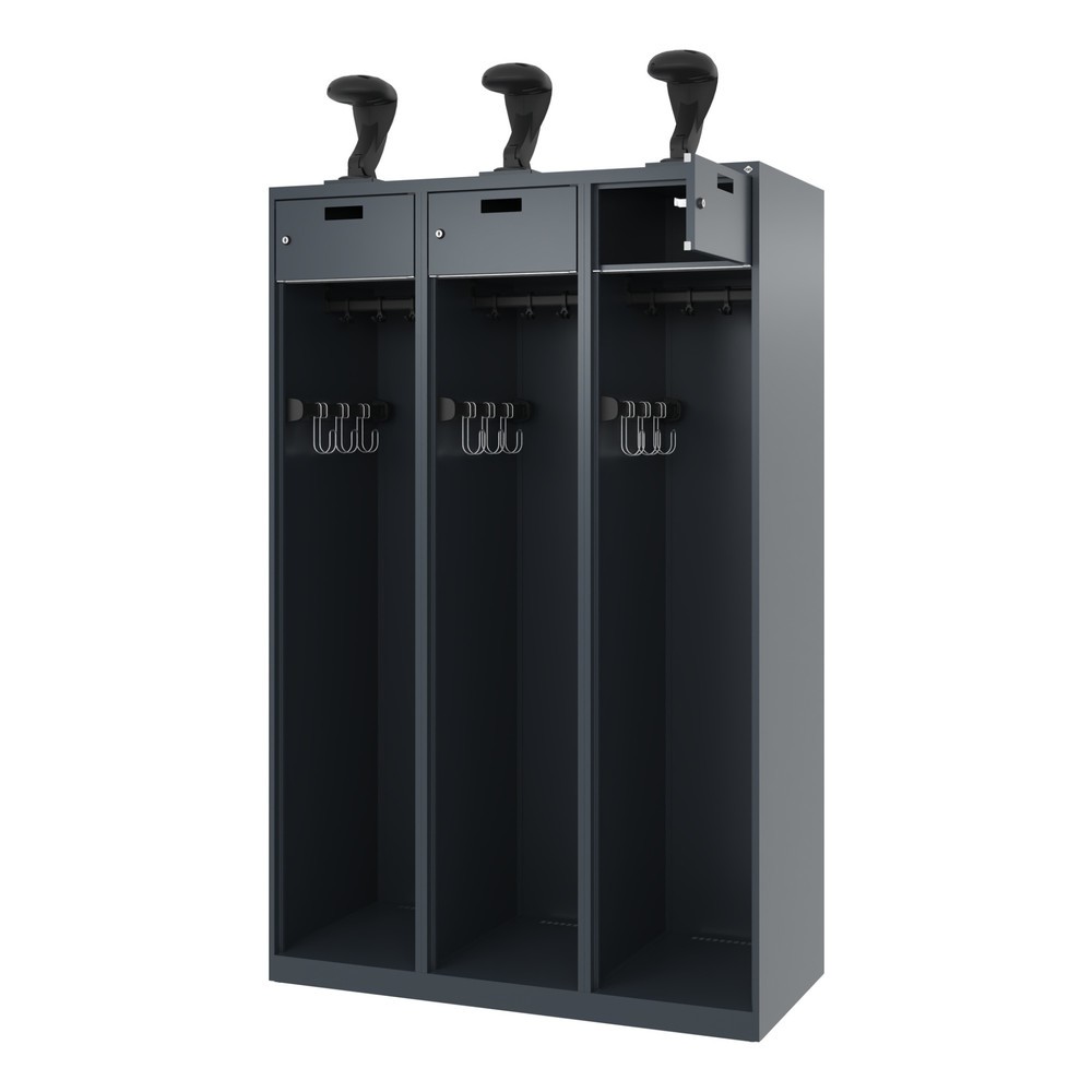 Produktabbildung Nr. 1: C+P Feuerwehrspind PRAKTUS, Bodengleiter, 3 Abteile, HxBxT 1.850 x 1.200 x 500 mm, anthrazitgrau, mit Helmhalter
