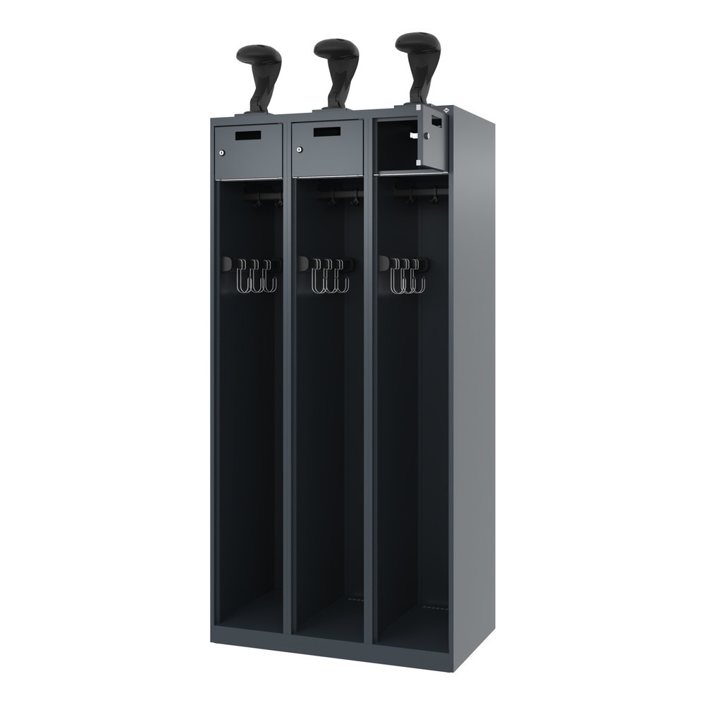 Produktabbildung: C+P Feuerwehrspind PRAKTUS, Bodengleiter, 3 Abteile, HxBxT 1.850 x 900 x 500 mm, anthrazitgrau, mit Helmhalter