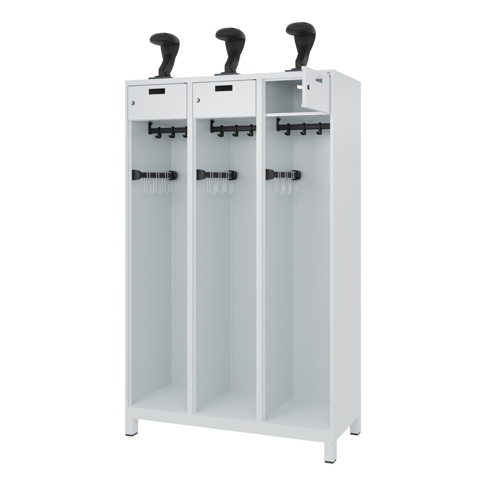 Produktabbildung: C+P Feuerwehrspind PRAKTUS, Füsse, 3 Abteile, HxBxT 1.850 x 1.200 x 500 mm, lichtgrau, mit Helmhalter