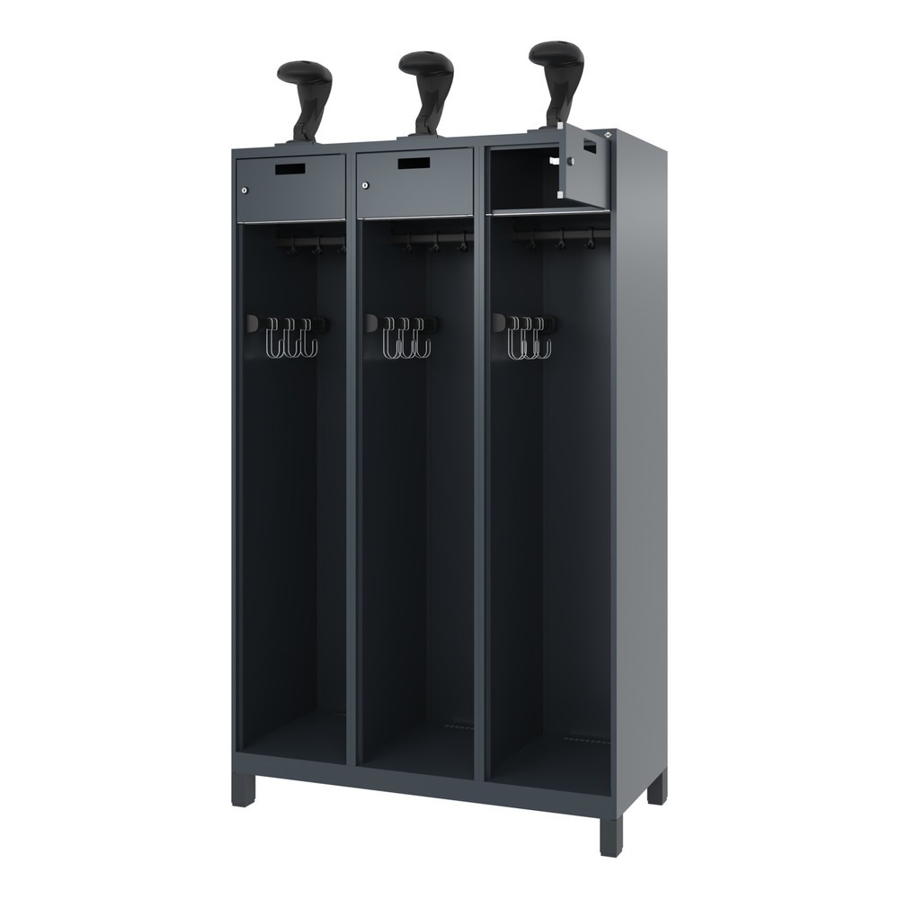Produktabbildung: C+P Feuerwehrspind PRAKTUS, Füsse, 3 Abteile, HxBxT 1.850 x 1.200 x 500 mm, anthrazitgrau, mit Helmhalter