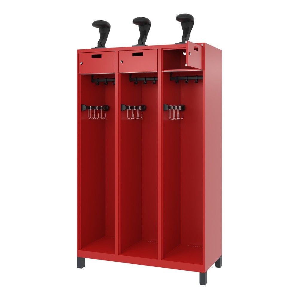 Produktabbildung Nr. 1: C+P Feuerwehrspind PRAKTUS, Füsse, 3 Abteile, HxBxT 1.850 x 1.200 x 500 mm, feuerrot, mit Helmhalter